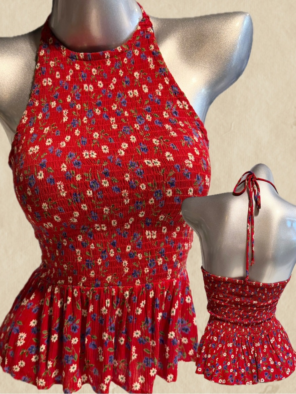 Calico cottage floral halter tank top elastic smocked peplum ruffle red y2k